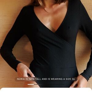 Black Ribbed Wrap V-Neck Bodysuit
